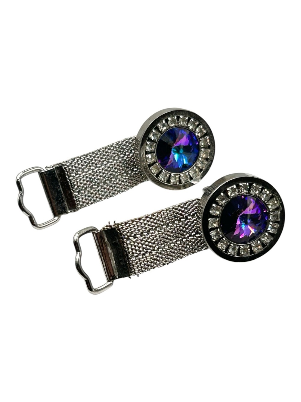 Vintage Foster Purple Rivoli Rhinestone Mesh  Cuff Links Silver Tone
